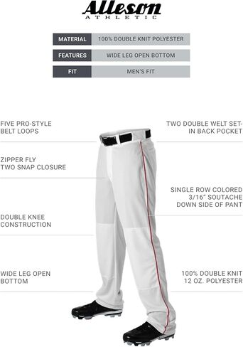 Alleson Athletic Men's Baseball Pant with Braid. Relaxed Fit and Machine Washable White/Scarlet Baseball Pants with Belt Loop (Style 605WLB), Medium in Kuwait