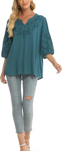 Grosy Women's Embroidered Plain Tunic Tops for Summer Fall Spring, Simple Elegant Dressy Blouse Casual Embroidery Solid Shirt in Kuwait