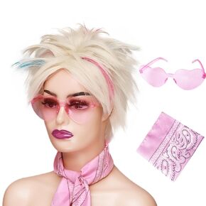 NIUOBYS Short Blonde Pink Blue Weird style Cosplay Wig with Bandana and Glasses for Women Costume Party and Halloween