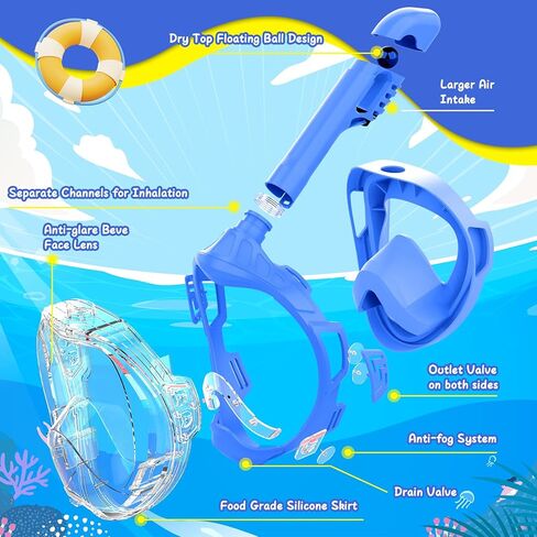 Jwintee Kids Full Face Snorkel Mask, Kids Snorkeling Set Gear with Camera Mount, Dry Top Anti-Leak Anti-Fog, 180 Degree Panoramic View in Kuwait