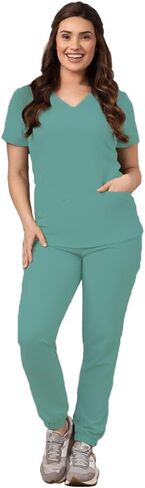 Green Town Scrubs for Women Scrub Set - Jogger Pant and V-Neck Top, 6 Pockets, Easy Care Uniforms-Black-XX-Large Tall in Saudi Arabia
