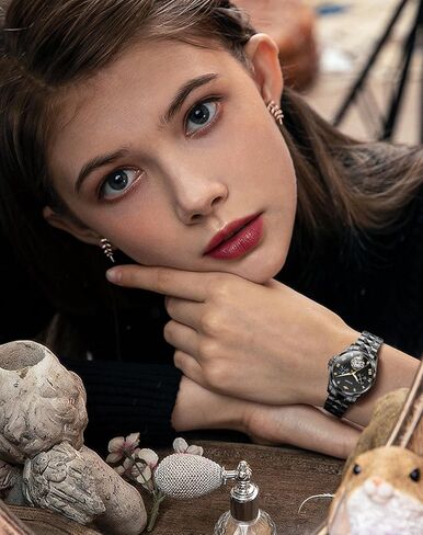 OUPINKE Women Automatic Watches Luxury Diamond Flywheel Two-Tone Stainless Tungsten Steel Band Moon Phase 24 Hours in Kuwait