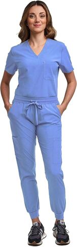 Green Town Scrubs for Women Scrub Set - Jogger Pant and Tuck-in V-Neck Top, 5 Pockets, Yoga Waistband, Nursing Uniform-Black-XX-Large Petite in Kuwait