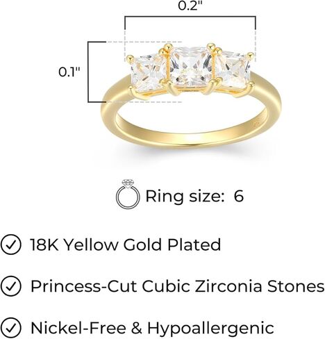 18K Yellow Gold Plated 925 Sterling Silver Princess-Cut Cubic Zirconia "Yesterday, Today, Tomorrow" 3-Stone Engagement or Anniversary Ring - Size 8 in Kuwait