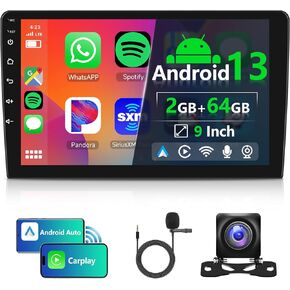 Hodozzy 2G+64G Android 13 Double Din Car Stereo,9 Inch HD Touchscreen Wireless Carplay Android Auto Car Radio with GPS Navigation,WiFi,Bluetooth,FM/RDS, HiFi,Backup Camera,Split Screen,SWC + Mic