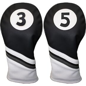 Majek Golf Headcovers Black and White Leather Style 3 & 5 Fairway Head Covers