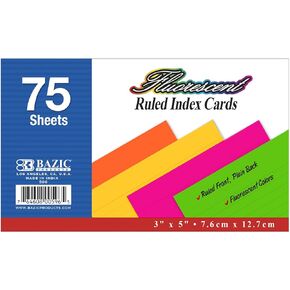 BAZIC Ruled Index Cards 3" X 5" 2700 Count, Neon Color Flashcards, Ruled Lined Card for Learning Memory Reminder (75/Pack), 36-Packs