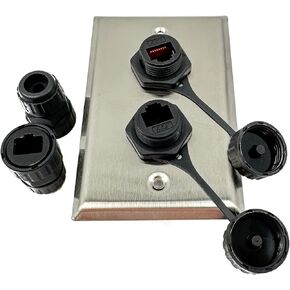 Stainless steel dual gang wall plate w/double IP68 outdoor RJ45 CAT6 jack pass through jack coupler connection type, connector cover cap, cable gland