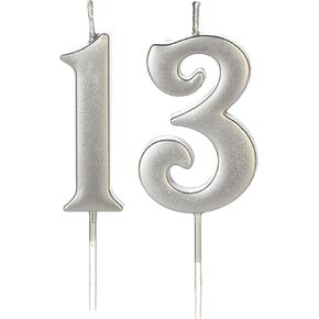 Silver 13th Birthday Candles for Cake, Number 13 1 3 Glitter Candle Party Anniversary Cakes Decoration for Kids Women or Men
