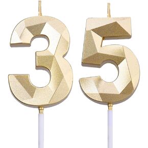 2 inch Gold 35 & 53 Birthday Candles, 3D Diamond Number 35th & 53th Cake Topper for Men Women Birthday Party Decorations Theme Party
