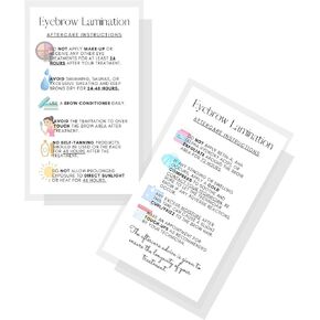 Eyebrow Lamination Aftercare Instruction Cards | Physical Printed 2 x 3.5" inches Business Card Size | Starter Lift Kit with Tint at home diy aftercare supplies | White with Icons Design