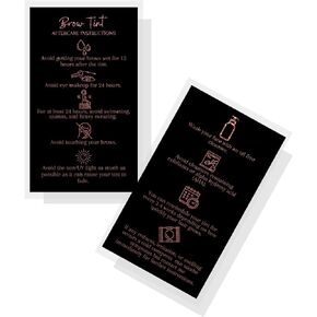 Brow Tint Aftercare Instruction Cards | 50 Pack | 2 x 3.5" inches Business Card Size | Starter Lift Kit with Tint at home diy aftercare supplies | Black with Rose Gold Design