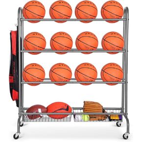 Ball Storage Garage, Basketball Racks, Ball Holder, Rolling Sports Equipment Storage Cart with Baskets and Hooks, Garage Sports Equipment Organizer with Wheels in Kuwait