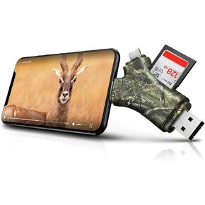 Trail Camera Viewer,4 in 1 Trail Camera SD Card Reader for iPhone / iPad / Android / Pcs to View Hunting Camera Photos Videos, Wired, No App Required,Camouflage