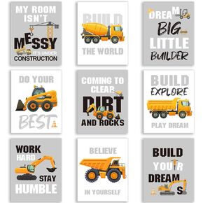 Outus Set of 9 Construction Trucks Inspirational Quote Art Print Transport Vehicle Motivational Phrases Wall Art Poster Nursery or Kids Room Decoration Unframed, 8 x 10 Inch