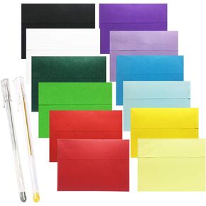 60pcs 5x7 Envelopes Set, 12 Rainbow Color A7 Self Adhesive Greeting Card DIY Envelopes, Silver&Gold Colored ball pen, Supplies for Wedding Thanksgiving Invitation, Bulk Photos Envelopes