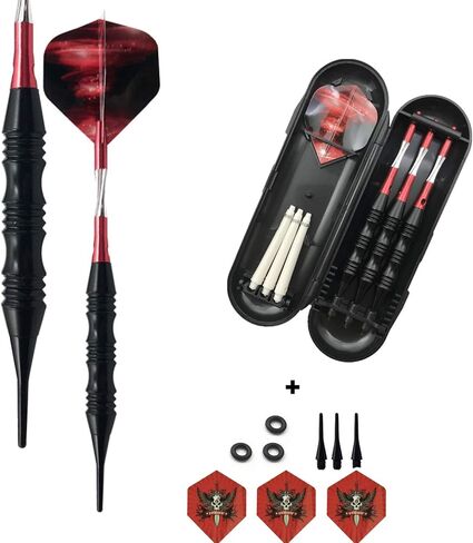 Professional Exquisite 20 Gram Soft Tip Darts Set Carrying Hard Suitcase | 3 Black Coated Iron Barrels | 3 Aluminum Shaft, Each Recreation Room, Bar and Game Room Level (Red+3 Extra Flights) in Saudi Arabia