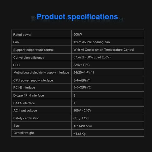 ATX 500W 12V 80 Plus مزود طاقة الكمبيوتر النشط غير المعياري المعتمد باللون الذهبي مع مروحة 120 مم يتم التحكم فيها حراريًا تلقائيًا in Kuwait