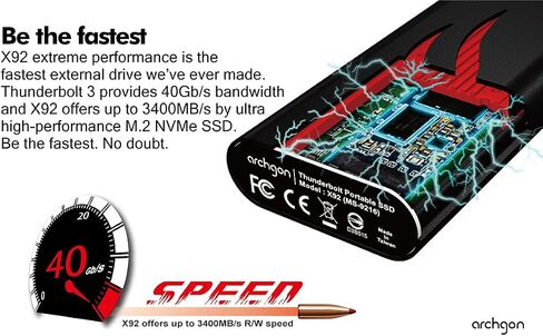 محرك أقراص الحالة الصلبة Thunderbolt 3 خارجي معتمد من الألومنيوم سعة 1 تيرابايت M.2 PCIe NVMe مع مبدد حرارة مزدوج الطبقة بحد أقصى. سرعة تصل إلى قراءة 3400 ميجابايت/ثانية موديل X92 (1 تيرابايت، أسود) in Saudi Arabia