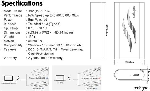 محرك أقراص الحالة الصلبة Thunderbolt 3 خارجي معتمد من الألومنيوم سعة 1 تيرابايت M.2 PCIe NVMe مع مبدد حرارة مزدوج الطبقة بحد أقصى. سرعة تصل إلى قراءة 3400 ميجابايت/ثانية موديل X92 (1 تيرابايت، أسود) in Saudi Arabia