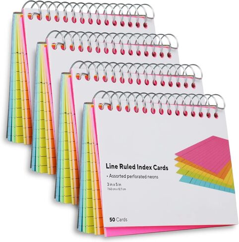 Spiral Index Cards - Spiral Bound Ruled Index Cards 3x5 Inch - Lined Index Cards - 3 x 5 inches Notecards, Flash Cards for Studying, Neon Colored Index Cards - for School, Office - 300 Sheets - 4 Pack in Saudi Arabia