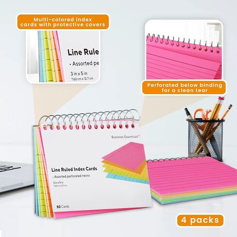 Spiral Index Cards - Spiral Bound Ruled Index Cards 3x5 Inch - Lined Index Cards - 3 x 5 inches Notecards, Flash Cards for Studying, Neon Colored Index Cards - for School, Office - 300 Sheets - 4 Pack in Saudi Arabia