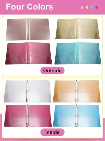 4 Pieces 3 Ring Binder Glitter 1 Inch Binder Organizer Cute Binders Office Accessories Round Ring Binders for School Office, 11.61 x 10.24 x 1.38 Inches, Gold, Rose Pink, Rose Gold, Light Blue in Saudi Arabia