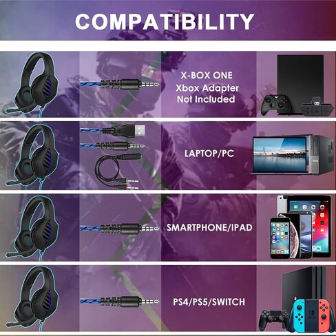 سماعة رأس للألعاب مع ميكروفون - لأجهزة الكمبيوتر الشخصية وأجهزة PS4 وPS5 وSwitch وXbox One وXbox Series X|S - سماعة رأس Jack Gamer مقاس 3.5 ملم مع ميكروفون عازل للضوضاء - أسود وأزرق in Kuwait
