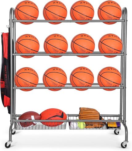 Ball Storage Garage, Basketball Racks, Ball Holder, Rolling Sports Equipment Storage Cart with Baskets and Hooks, Garage Sports Equipment Organizer with Wheels in Kuwait
