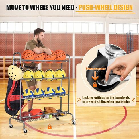 Ball Storage Garage, Basketball Racks, Ball Holder, Rolling Sports Equipment Storage Cart with Baskets and Hooks, Garage Sports Equipment Organizer with Wheels in Kuwait