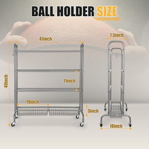 Ball Storage Garage, Basketball Racks, Ball Holder, Rolling Sports Equipment Storage Cart with Baskets and Hooks, Garage Sports Equipment Organizer with Wheels in Kuwait