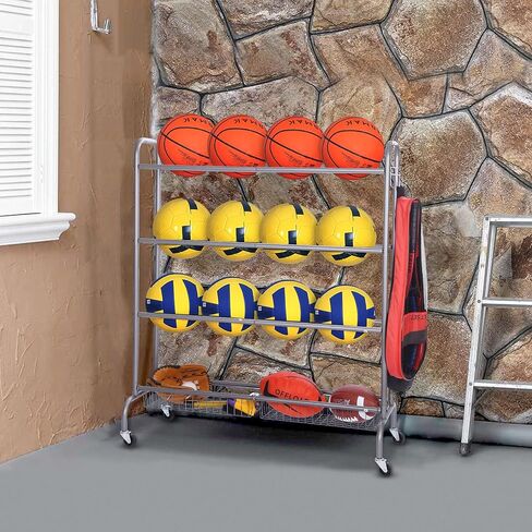 Ball Storage Garage, Basketball Racks, Ball Holder, Rolling Sports Equipment Storage Cart with Baskets and Hooks, Garage Sports Equipment Organizer with Wheels in Kuwait
