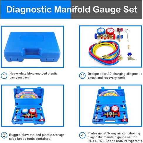 مجموعة قياس متعددة تشخيصية للتيار المتردد 3 اتجاهات من Youxmoto لشحن الفريون، تناسب مبردات R134A R12 R22 وR502، مع خرطوم 5 أقدام، ومحولات خزان Acme، ومقرنات قابلة للتعديل يمكن الاستفادة منها in Kuwait