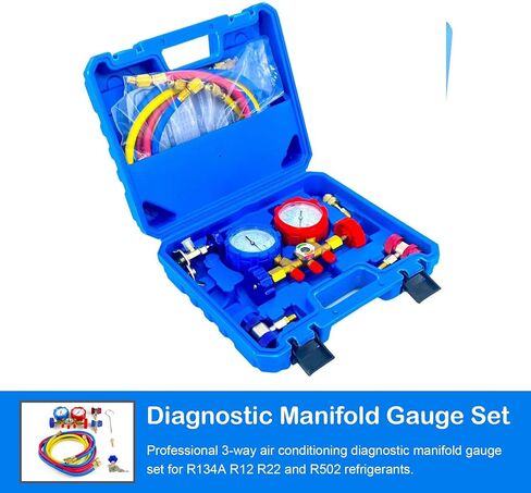 مجموعة قياس متعددة تشخيصية للتيار المتردد 3 اتجاهات من Youxmoto لشحن الفريون، تناسب مبردات R134A R12 R22 وR502، مع خرطوم 5 أقدام، ومحولات خزان Acme، ومقرنات قابلة للتعديل يمكن الاستفادة منها in Kuwait