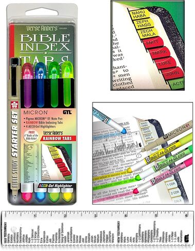 جي تي. شركة Luscombe, Inc. قلم تحديد الكتاب المقدس Accu-Gel، مجموعة البدء لدراسة الكتاب المقدس Pigma Micron - علامات تبويب الكتاب المقدس بمكتشف الآيات الأفقية بألوان قوس قزح | حبر مصبوغ لا ينزف | 01 نقطة سوداء دقيقة | الأخضر الأصفر in Kuwait