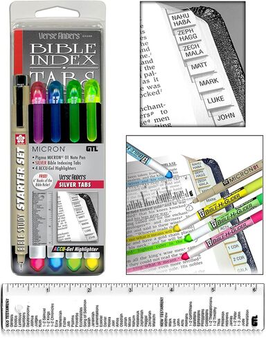 جي تي. شركة Luscombe, Inc. قلم تحديد الكتاب المقدس Accu-Gel، مجموعة البدء لدراسة الكتاب المقدس Pigma Micron - علامات تبويب الكتاب المقدس بمكتشف الآيات الأفقية بألوان قوس قزح | حبر مصبوغ لا ينزف | 01 نقطة سوداء دقيقة | الأخضر الأصفر in Kuwait