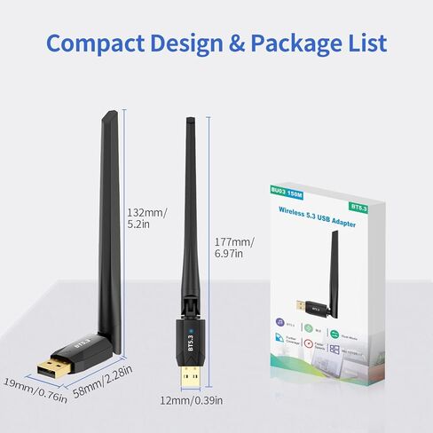 Long Range Bluetooth 5.3 USB Adapter for PC Desktop, 492FT/150M Wireless Dongle Transmitter for Windows 11/10/8.1/7 Computer Laptop, Pair Bluetooth Headset Headphones Speaker Mouse Keyboard in Saudi Arabia