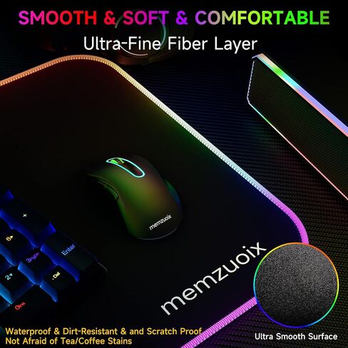 لوحة ماوس LED RGB للألعاب مع 16 وضع إضاءة رائع، لوحة ماوس USB كبيرة للكمبيوتر المكتبي/لوحة المفاتيح، مقاومة للماء، مقاومة للبقع، قاعدة مضادة للانزلاق، حواف Seiko، 31.5×11.8 بوصة، لوحة ماوس سوداء in Kuwait