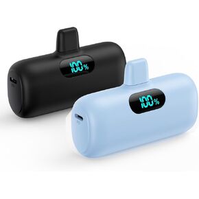 [2 Pack]Mini Portable Charger 5000mAh,Ultra-Compact 15W PD Fast Charging Power Bank,LCD Display Cute Battery Pack Backup Charger Compatible with iPhone 14/14 Pro Max/13/13 Pro/12/XR/8/7/6-Black+White