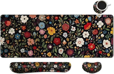 Keyboard Mouse Pad Set, Extended Gaming Mouse Pad+Ergonomics Keyboard Wrist Rest Support, Memory Foam, Easy Typing Pain Relief, 3Pcs XXL Ultra Thick Desk Mat, Abstract Flowers in Saudi Arabia