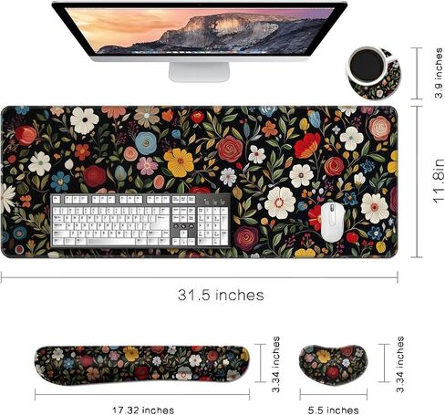 Keyboard Mouse Pad Set, Extended Gaming Mouse Pad+Ergonomics Keyboard Wrist Rest Support, Memory Foam, Easy Typing Pain Relief, 3Pcs XXL Ultra Thick Desk Mat, Abstract Flowers in Saudi Arabia
