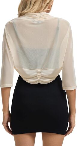 MINTLIMIT Women's Velvet Shrug Bolero Ruched 3/4 Sleeve Open Front Short Cardigans Black in Saudi Arabia