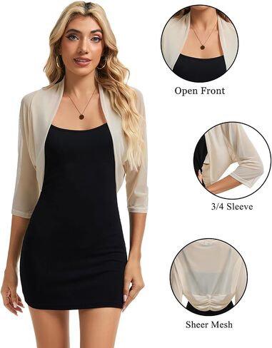 MINTLIMIT Women's Velvet Shrug Bolero Ruched 3/4 Sleeve Open Front Short Cardigans Black in Saudi Arabia