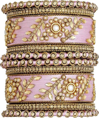 Aheli Traditional Wedding Designer Silk Thread Faux Stone Studded Bridal Bangle Set Chuda Indian Ethnic Bollywood Fashion Jewelry for Women (White 2.8 Inch) in Kuwait