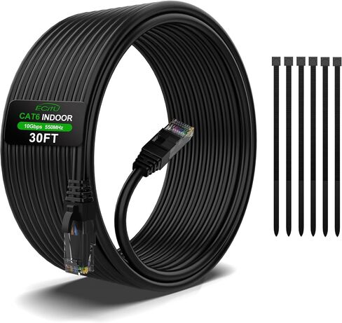 Cat6 Ethernet Cable 30 Feet, Cat 6 Patch Cable, Cat6 Internet Cable, UTP Network Cable, Indoor and Outdoor, 24AWG CCA, Compatible for PC, Laptop, Router, Switch, Server, with 25 Cable Ties - Black in Saudi Arabia