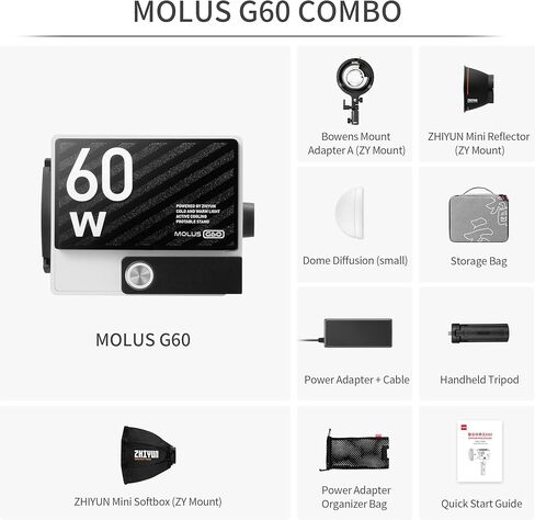 ZHIYUN Molus G60، مصباح فيديو ثنائي اللون، 300 جرام محمول 60 وات COB LED إضاءة مستمرة للإخراج، CRI≥96، TLCI≥97، التحكم في تطبيق Bluetooth، نظام ZY Mount Ecosystem DC/PD مزود الطاقة in Kuwait