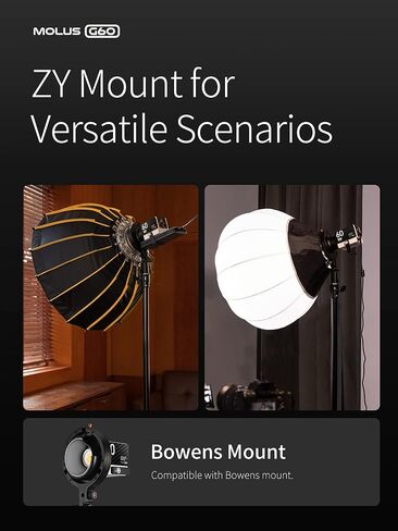 ZHIYUN Molus G60، مصباح فيديو ثنائي اللون، 300 جرام محمول 60 وات COB LED إضاءة مستمرة للإخراج، CRI≥96، TLCI≥97، التحكم في تطبيق Bluetooth، نظام ZY Mount Ecosystem DC/PD مزود الطاقة in Kuwait