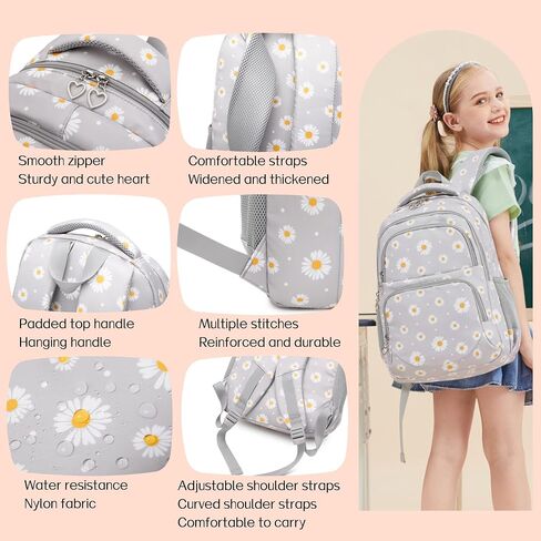 3-piece Daisy Backpack Print Girls Backpack Waterproof Children's Schoolbag Set Student Daily Lunch Bag (Green) in Saudi Arabia