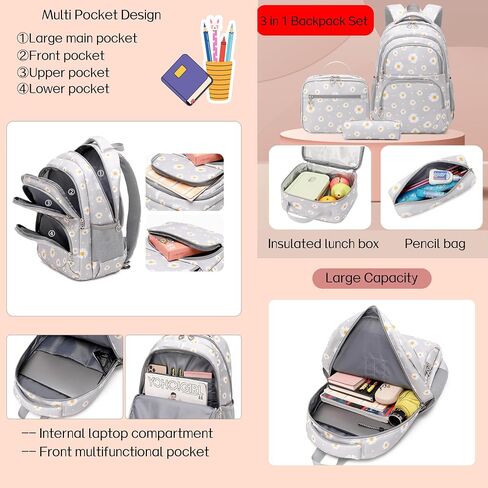 3-piece Daisy Backpack Print Girls Backpack Waterproof Children's Schoolbag Set Student Daily Lunch Bag (Green) in Saudi Arabia