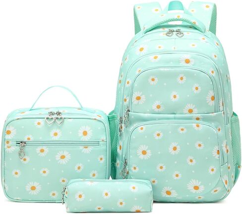 3-piece Daisy Backpack Print Girls Backpack Waterproof Children's Schoolbag Set Student Daily Lunch Bag (Green) in Saudi Arabia